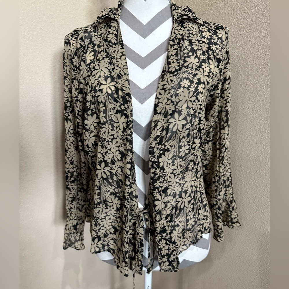 LOFT Womens Black and Tan Floral Silk Wrap Blouse